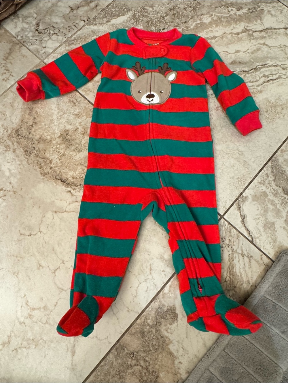 Carter's Red & Green Striped Reindeer Footed One-Piece